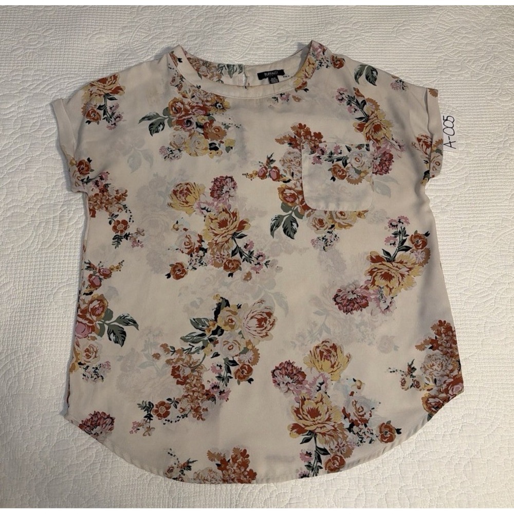 Buffalo David Bitton Floral Blouse Ivory Multicolor M Short Sleeve Pocket